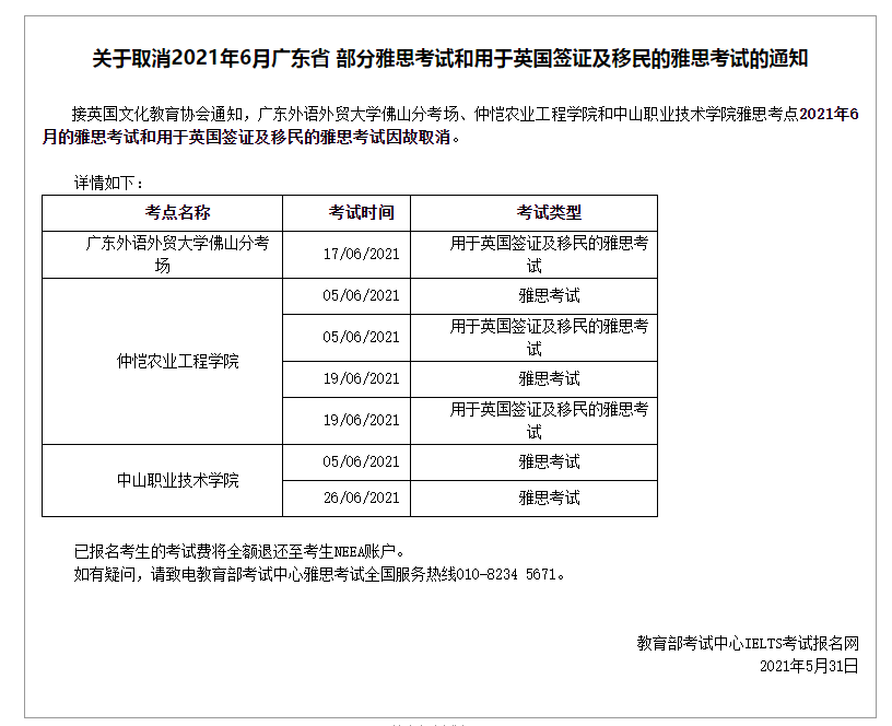 雅思官方：2021年6月广东省部分雅思考点取消考试